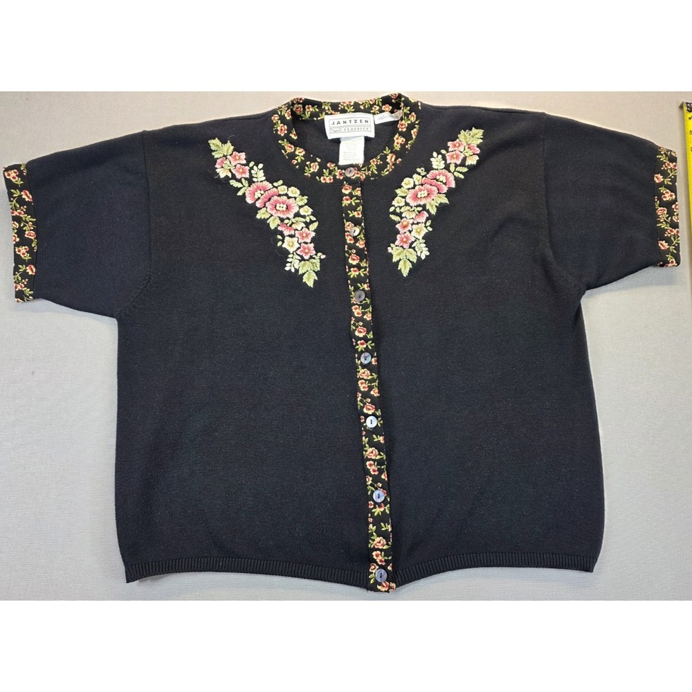 Jantzen Classics Hand Embroidered Black Floral Short‎ Sleeve Cardigan XL Vintage
